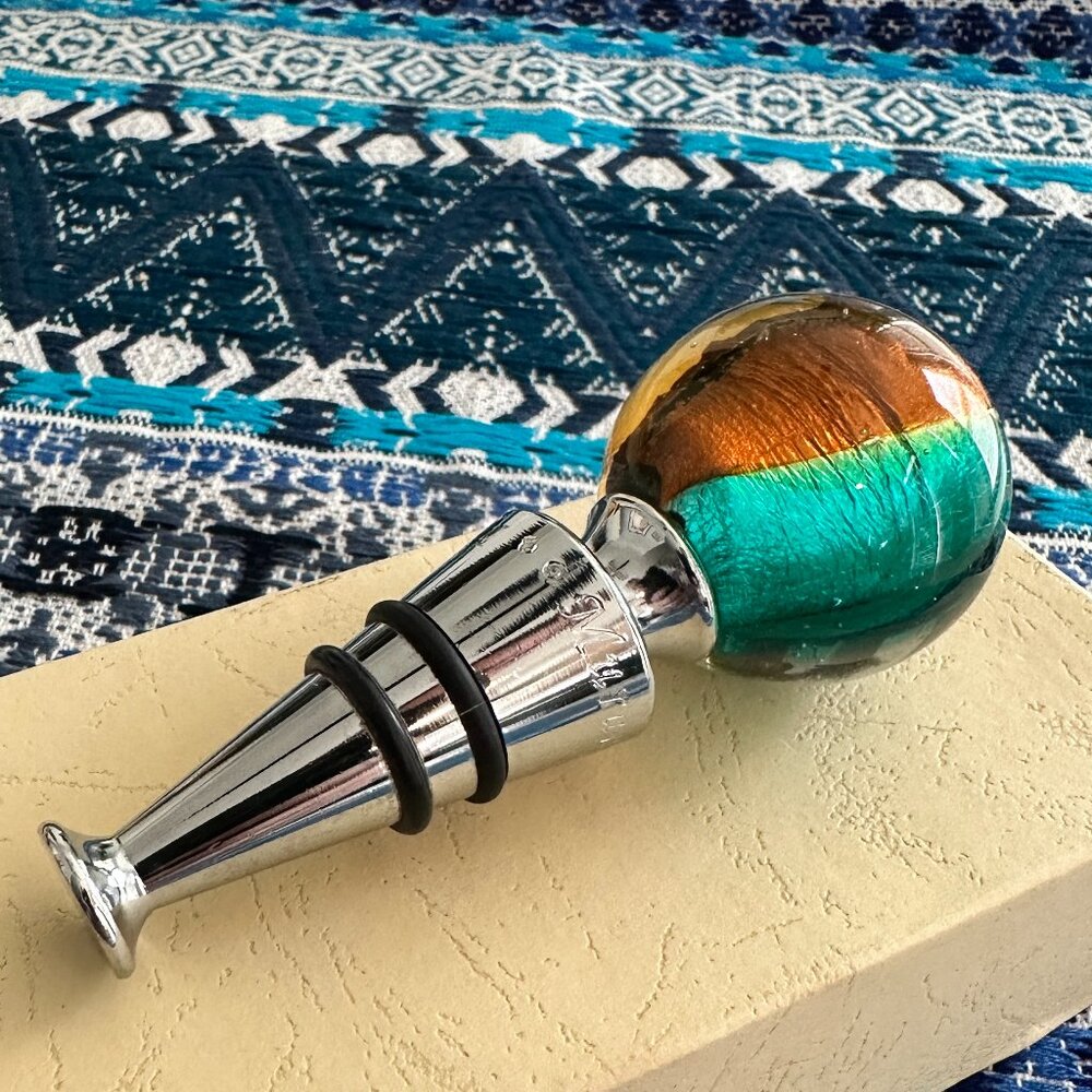 Beautiful Glass and Steel Multi-colored Italian Italy Murano Glass Wine Stopper